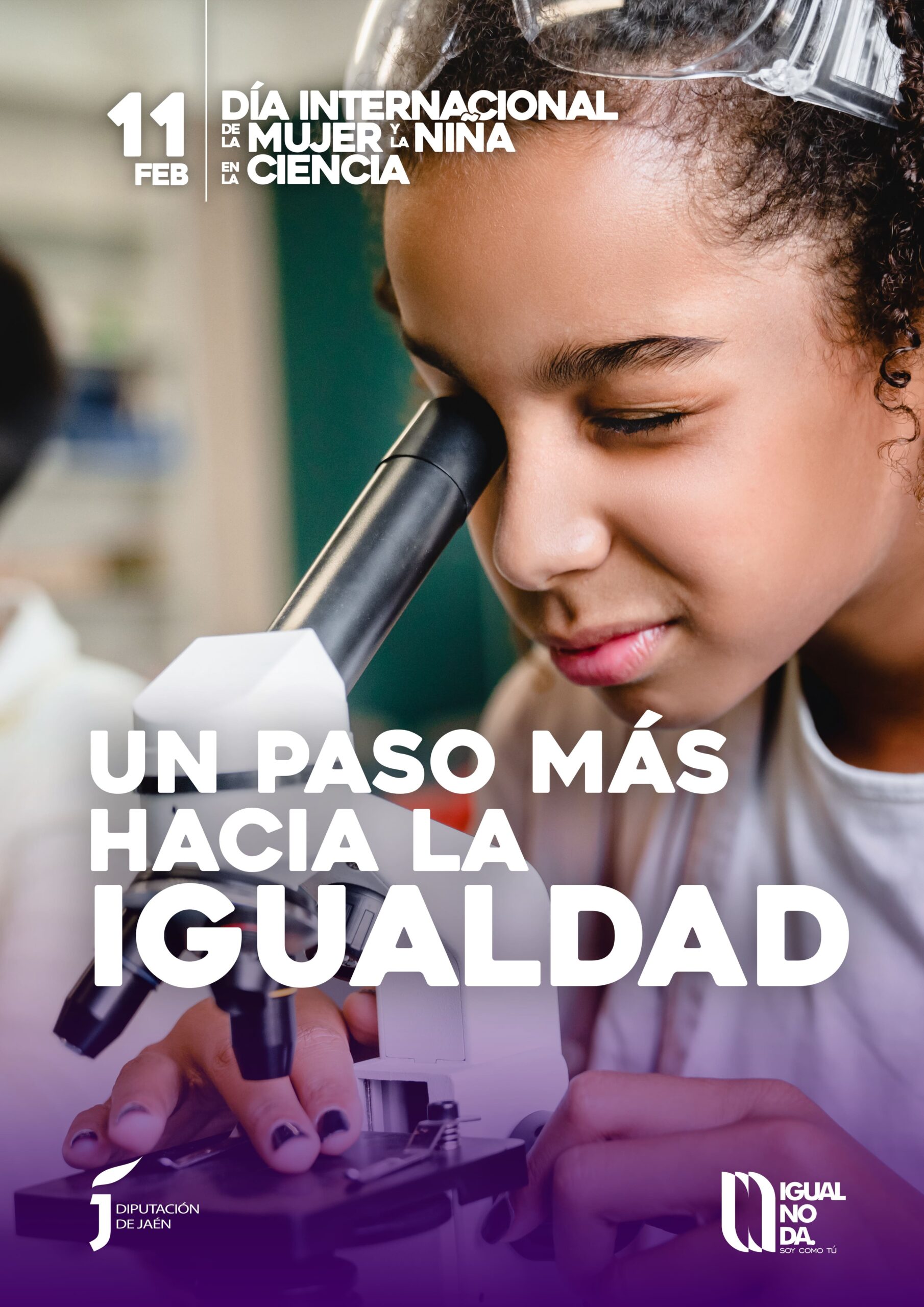 Cartel del Día de la Mujer y la Niña en la Ciencia con el lema "Un paso más hacia la igualdad"